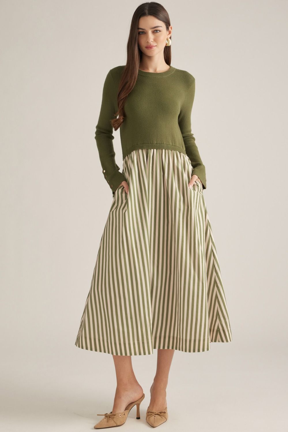 ENTRO Midi Dress With Knit Bodice & Stripe Bottom In Olive *COMING SOON*