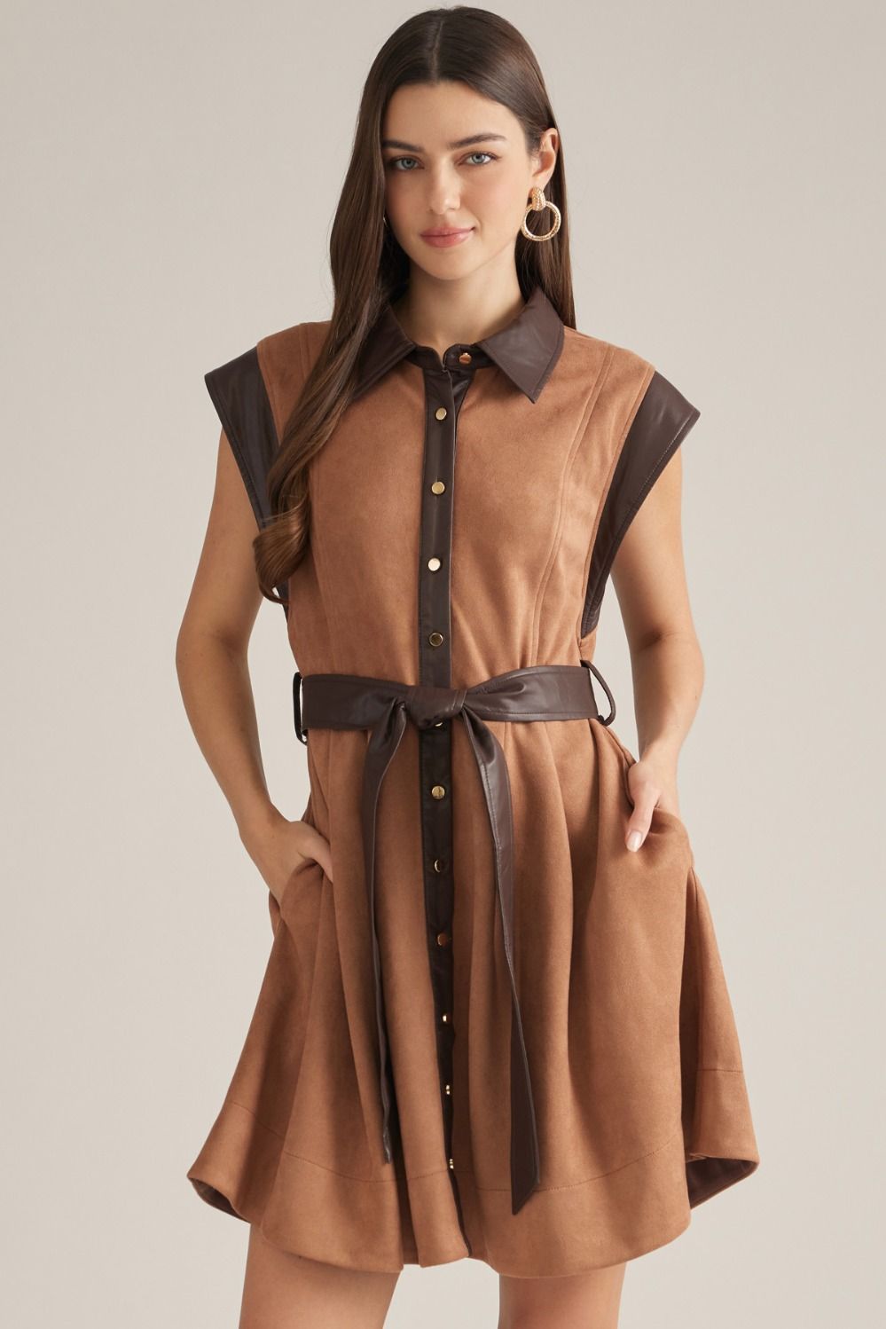 ENTRO Sleeveless Mini Dress With Faux Leather Trim In Camel