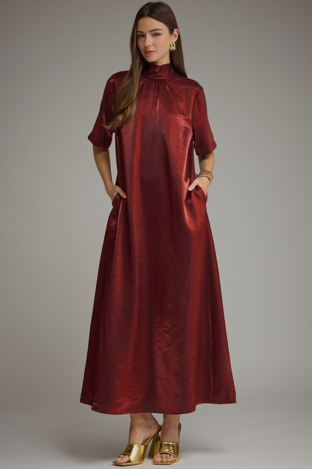 ENTRO Short Sleeve Satin Maxi Dress In Burgundy *COMING SOON*