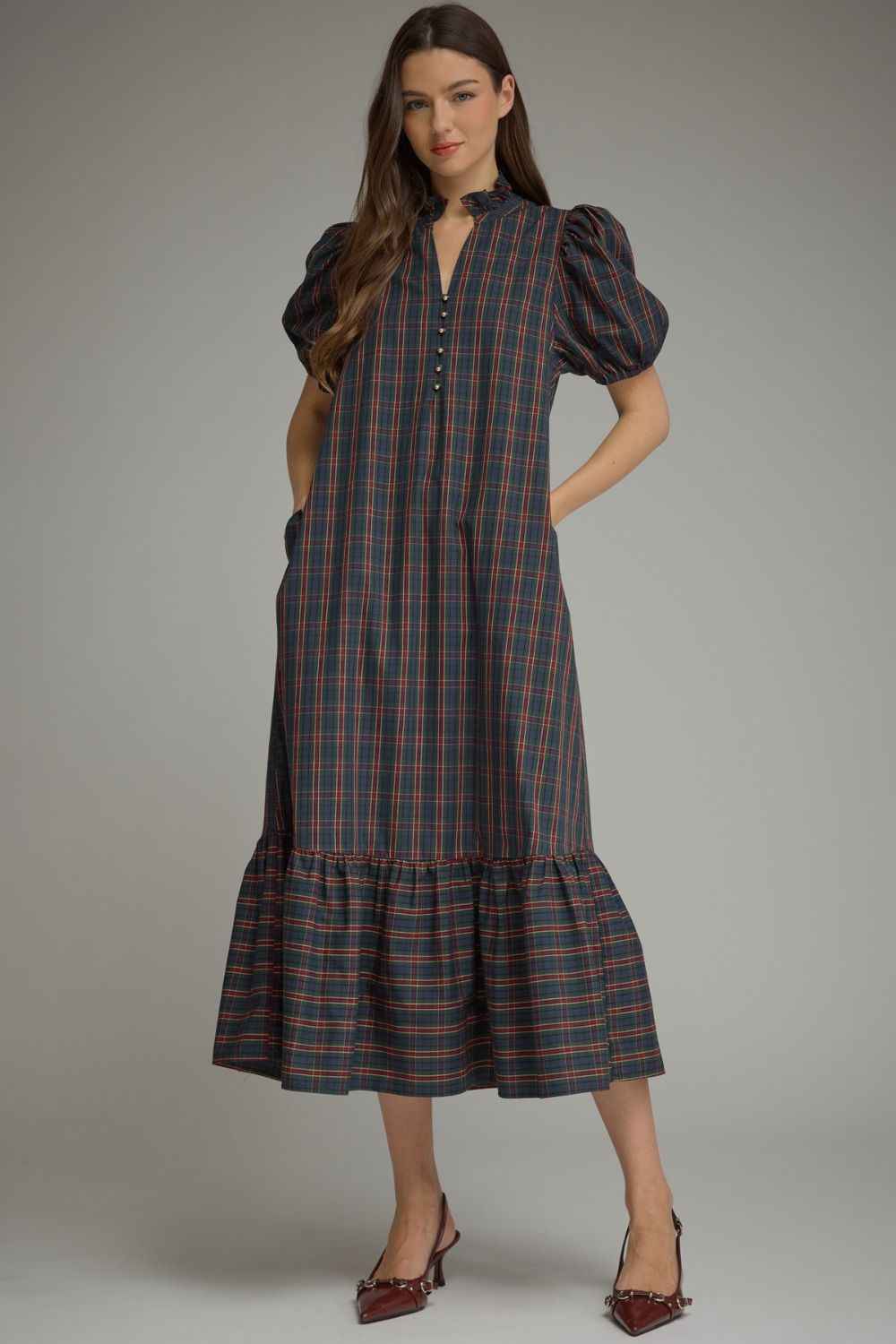 ENTRO Plaid Short Puff Sleeve Midi Dress In Green *COMING SOON*
