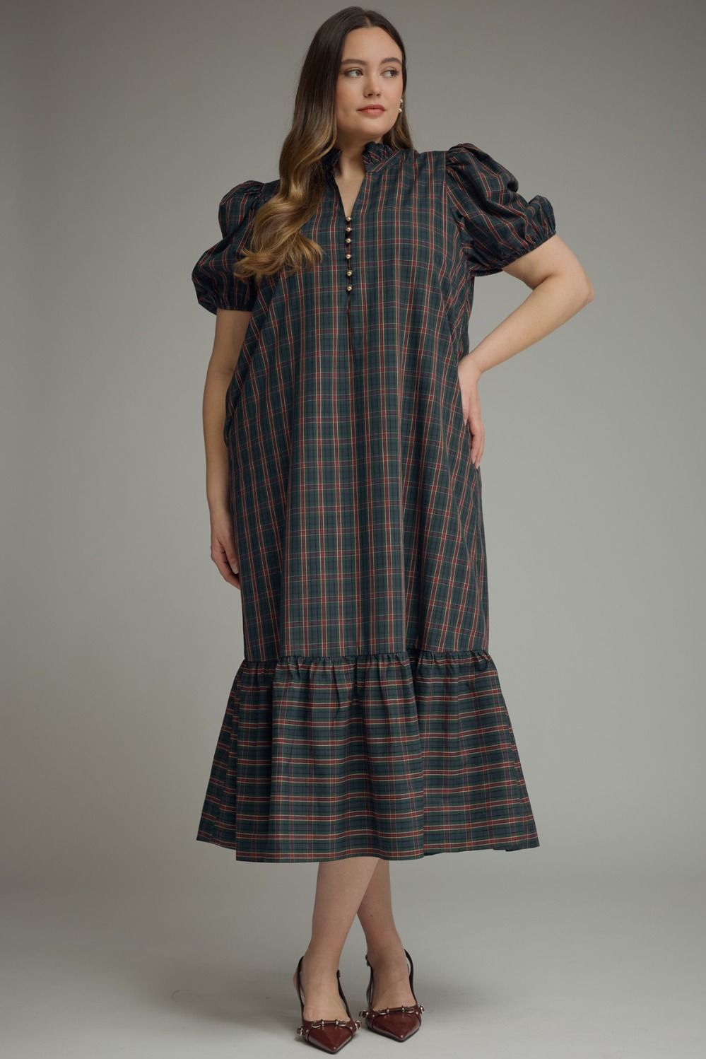 ENTRO Plaid Puff Sleeve Midi Dress In Green PLUS Sizes *COMING SOON*