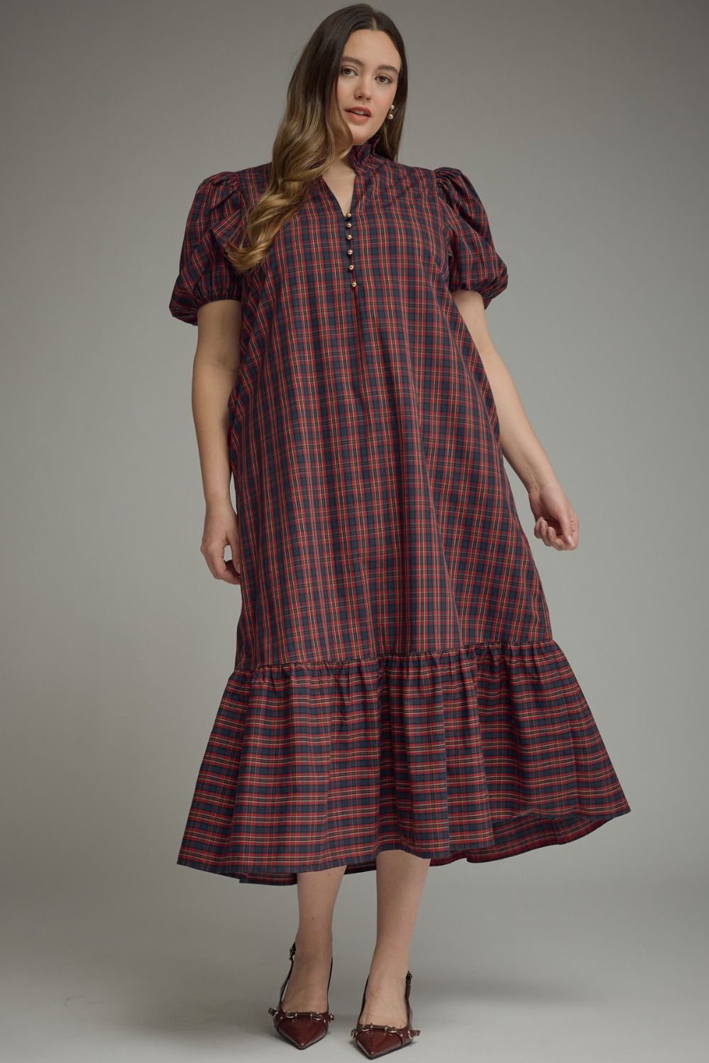 ENTRO Plaid Puff Sleeve Midi Dress In Red PLUS Sizes