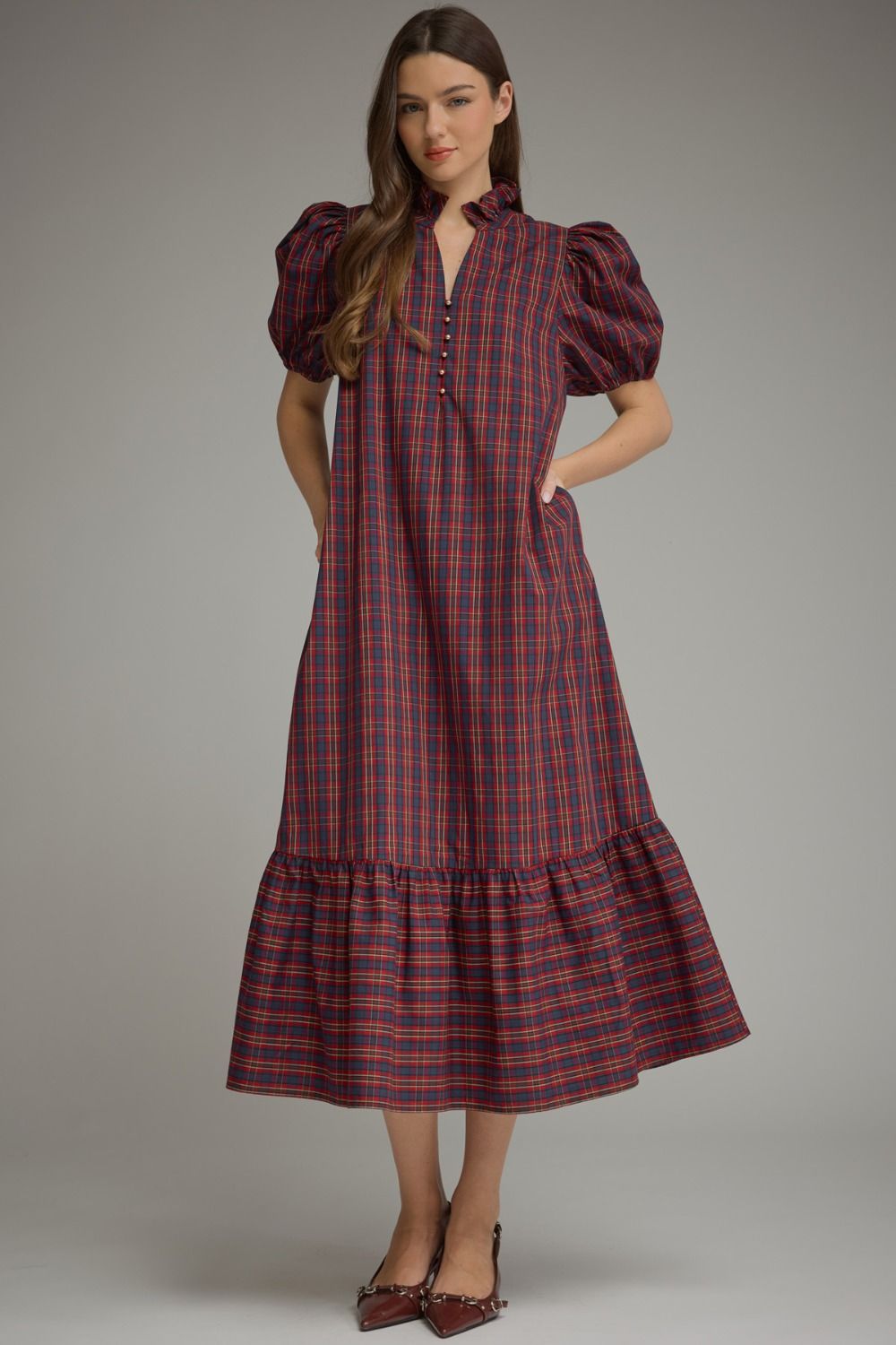 ENTRO Plaid Short Puff Sleeve Midi Dress In Red *COMING SOON*