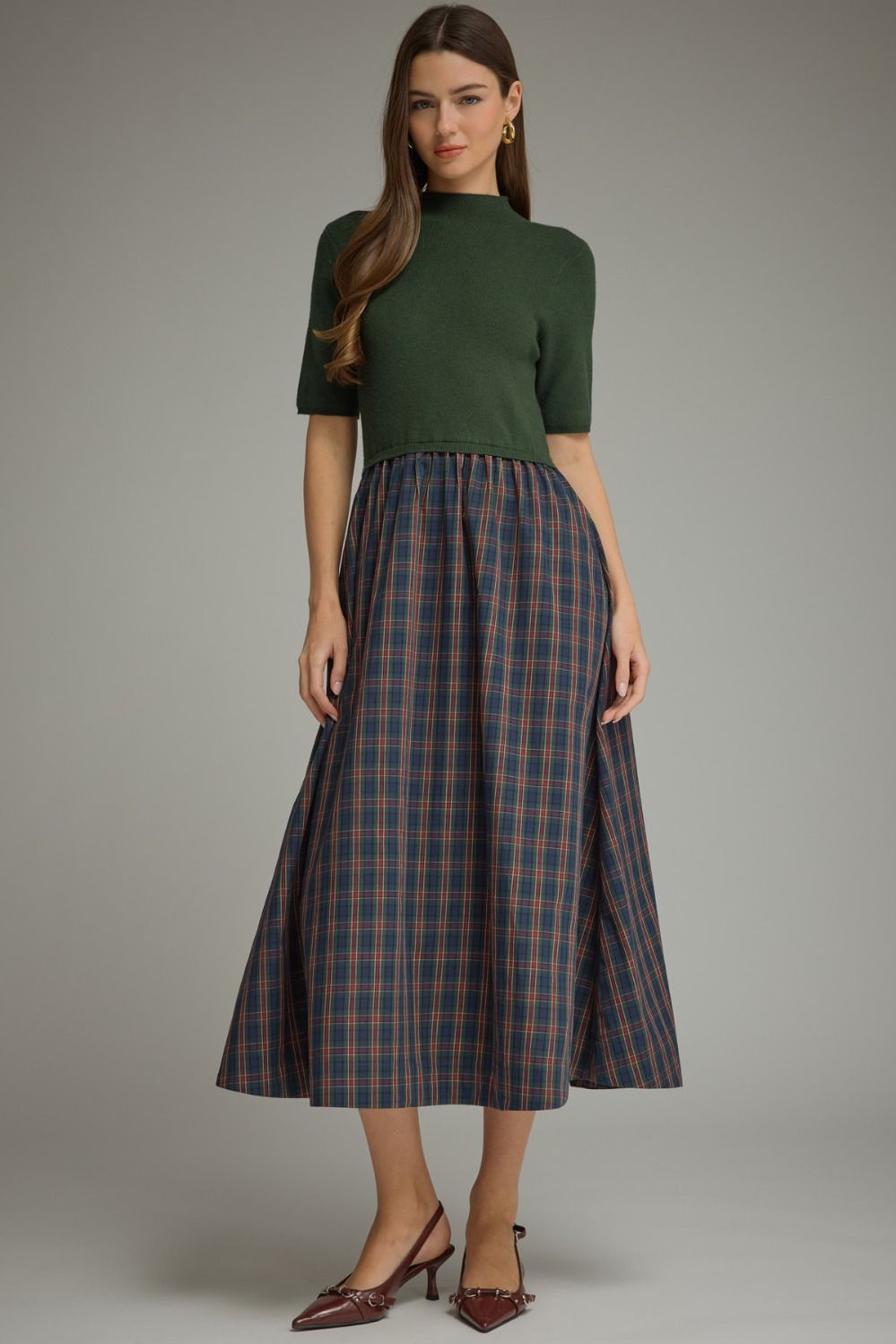 ENTRO Midi Dress With Knit Bodice & Plaid Bottom In Green *COMING SOON*