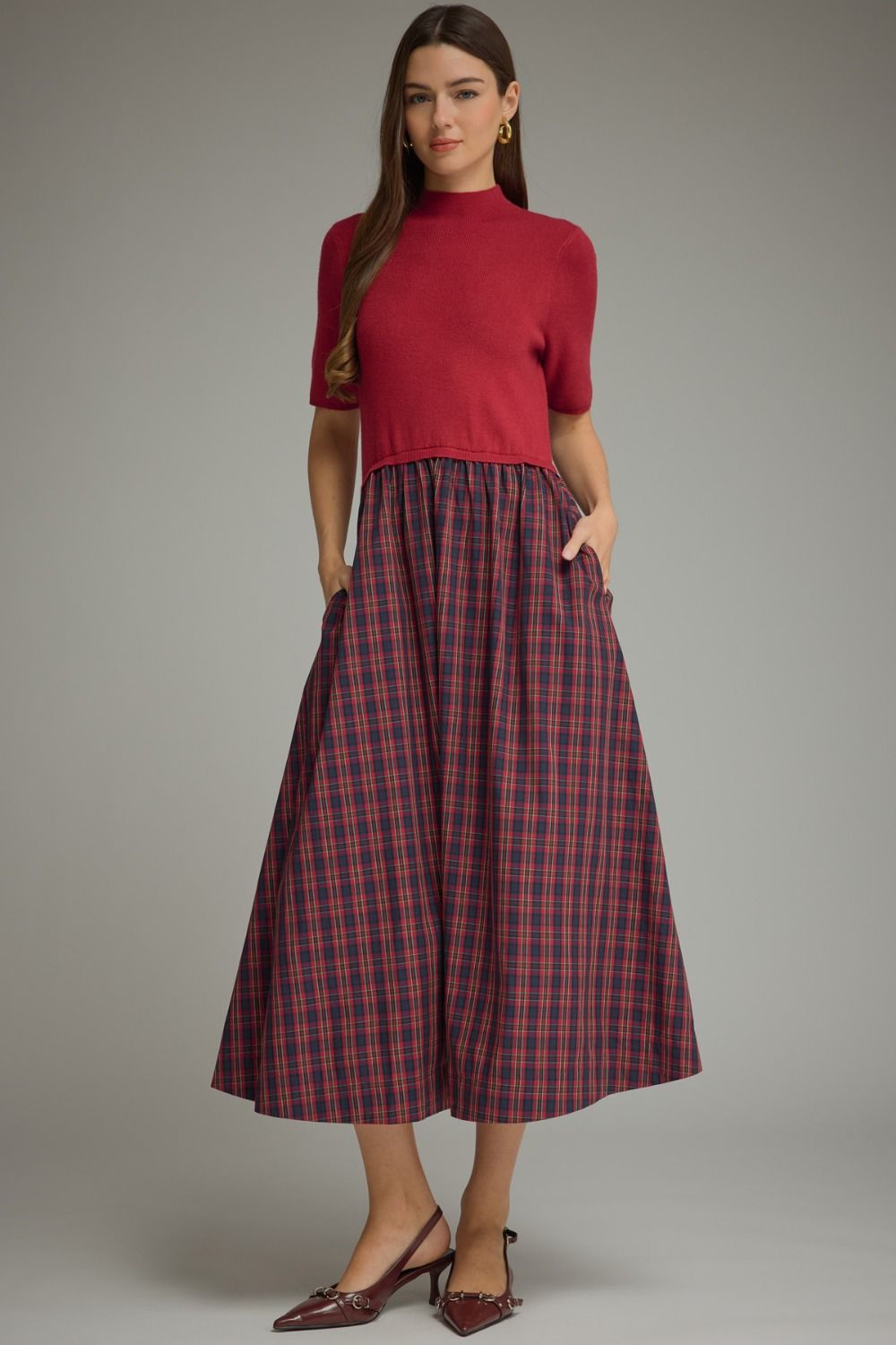 ENTRO Midi Dress With Knit Bodice & Plaid Bottom In Red *COMING SOON*