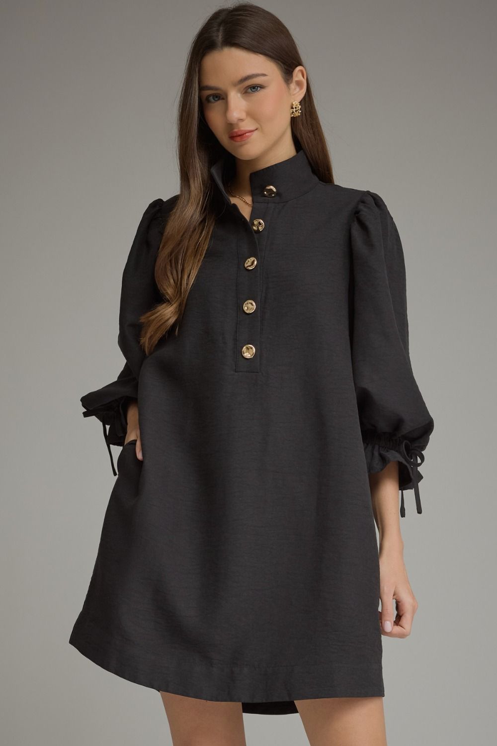 ENTRO Solid 3/4 Balloon Sleeve Mini Dress In Black *COMING SOON*