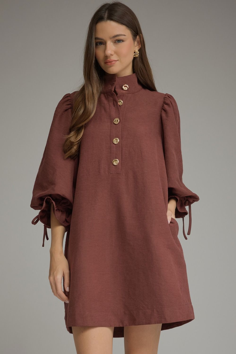 ENTRO Solid 3/4 Balloon Sleeve Mini Dress In Merlot *COMING SOON*