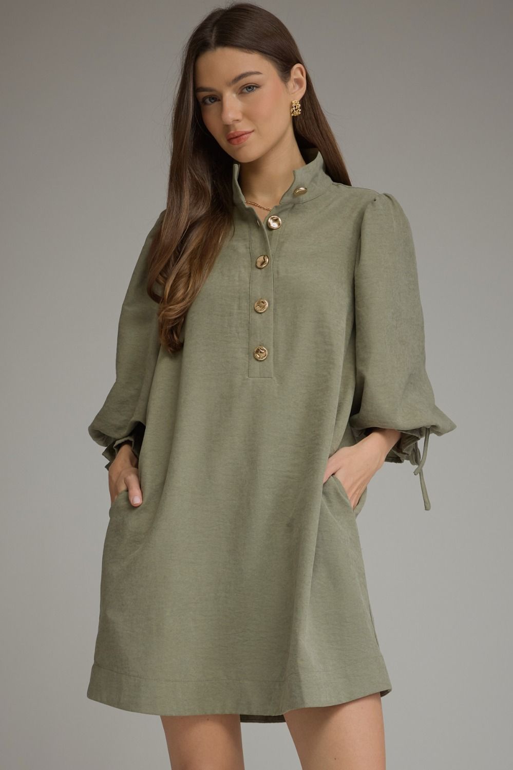 ENTRO Solid 3/4 Balloon Sleeve Mini Dress In Olive *COMING SOON*