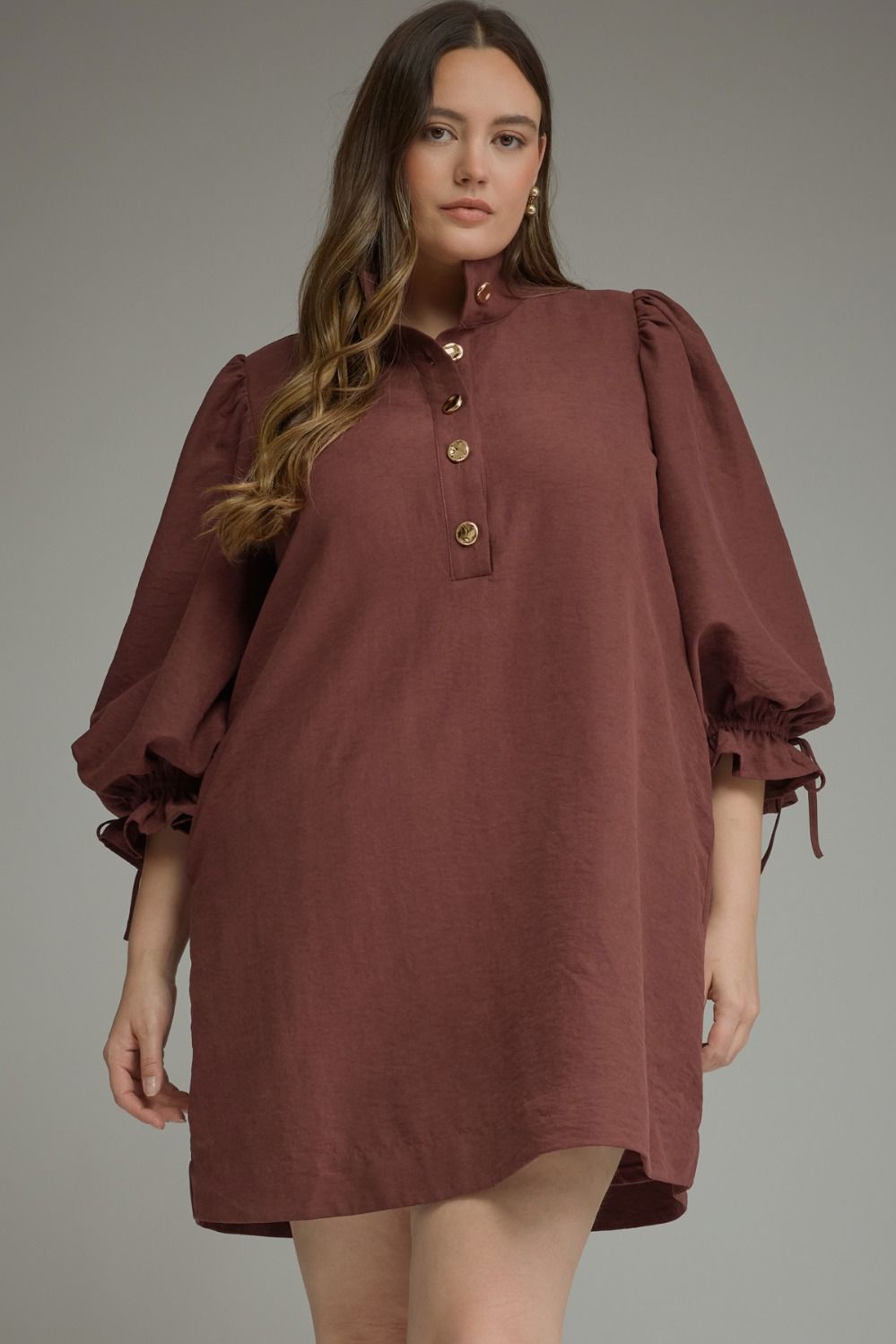 ENTRO Solid 3/4 Balloon Sleeve Mini Dress In Merlot PLUS Sizes *COMING SOON*