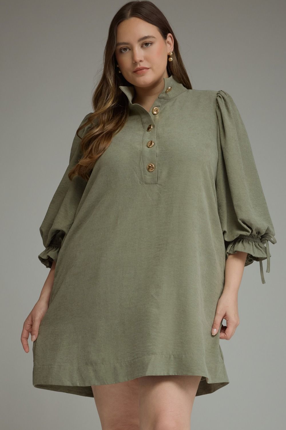 ENTRO Solid 3/4 Balloon Sleeve Mini Dress In Olive PLUS Sizes