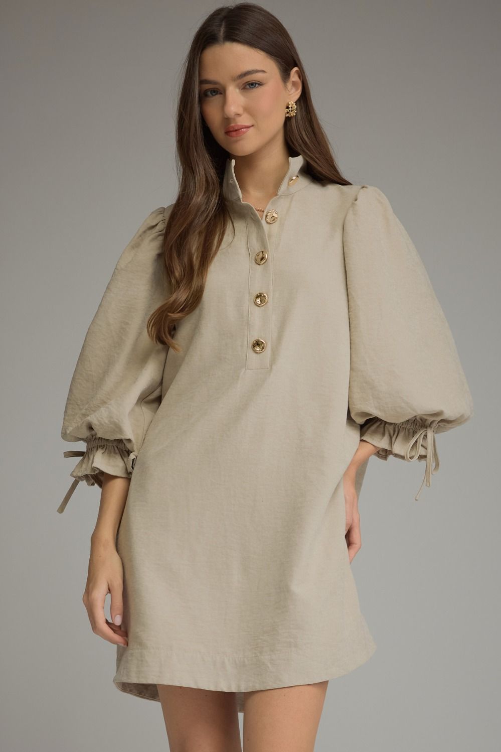 ENTRO Solid 3/4 Balloon Sleeve Mini Dress In Taupe