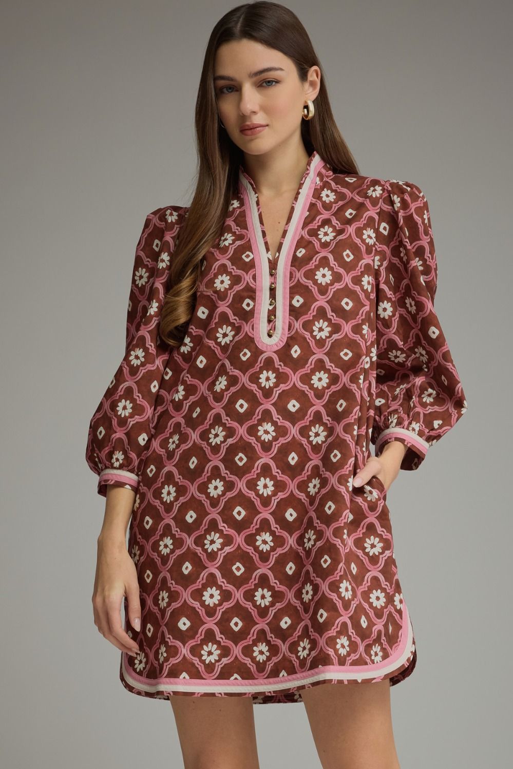 ENTRO Printed 3/4 Sleeve Midi Dress Mini Dress In Brick *COMING SOON*