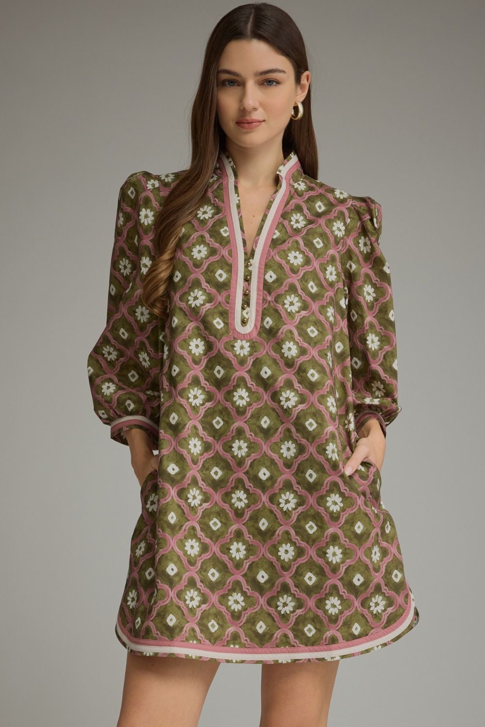 ENTRO Printed 3/4 Sleeve Midi Dress Mini Dress In Olive *COMING SOON*