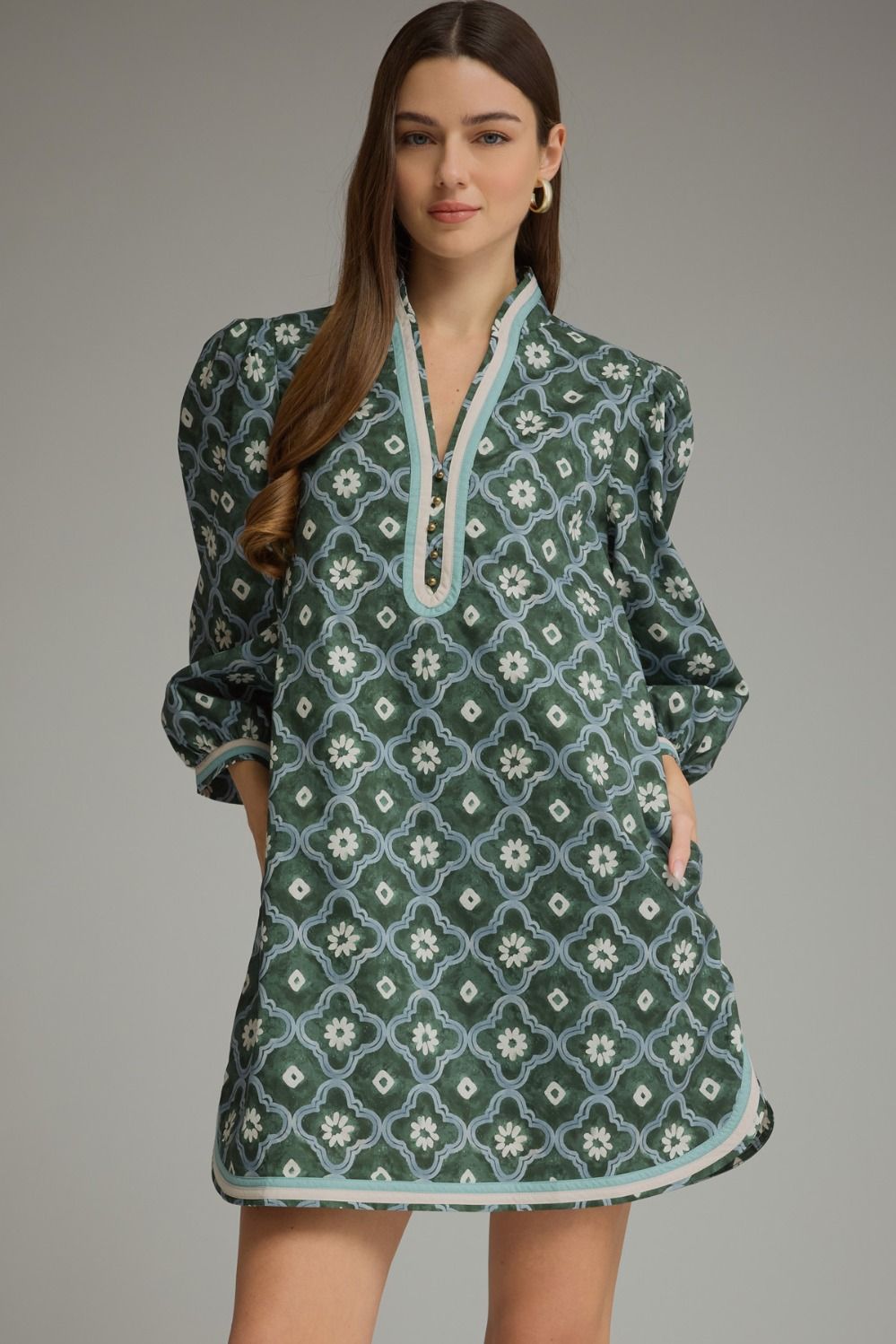ENTRO Printed 3/4 Sleeve Midi Dress Mini Dress In Pine *COMING SOON*
