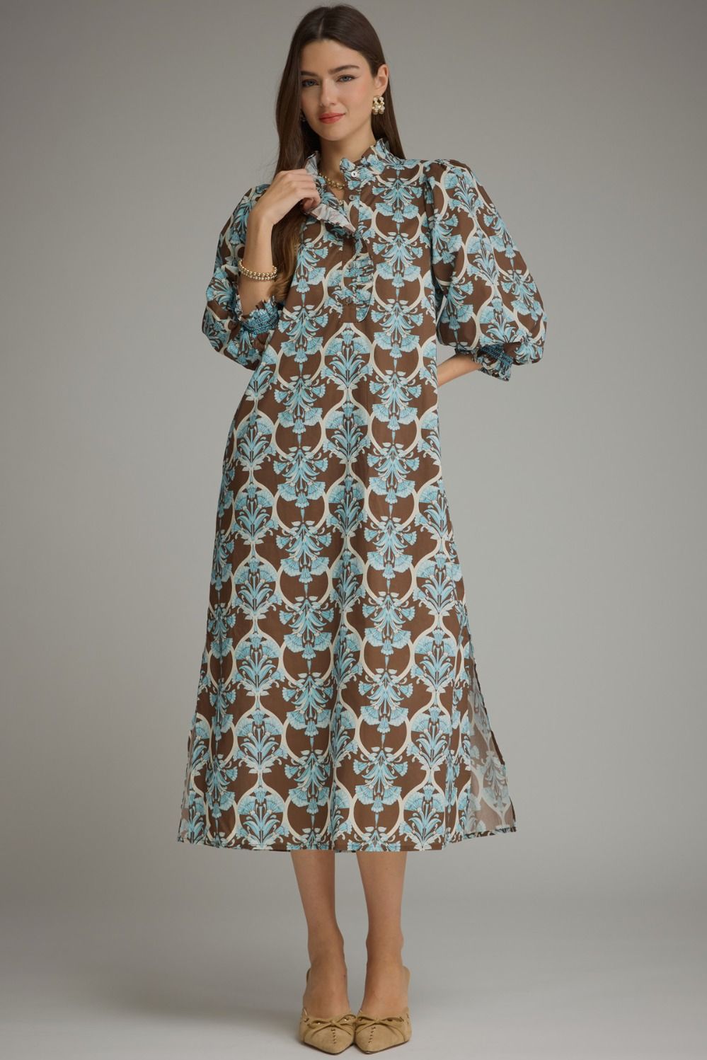 ENTRO Printed Balloon Sleeve Midi Dress In Brown *COMING SOON*