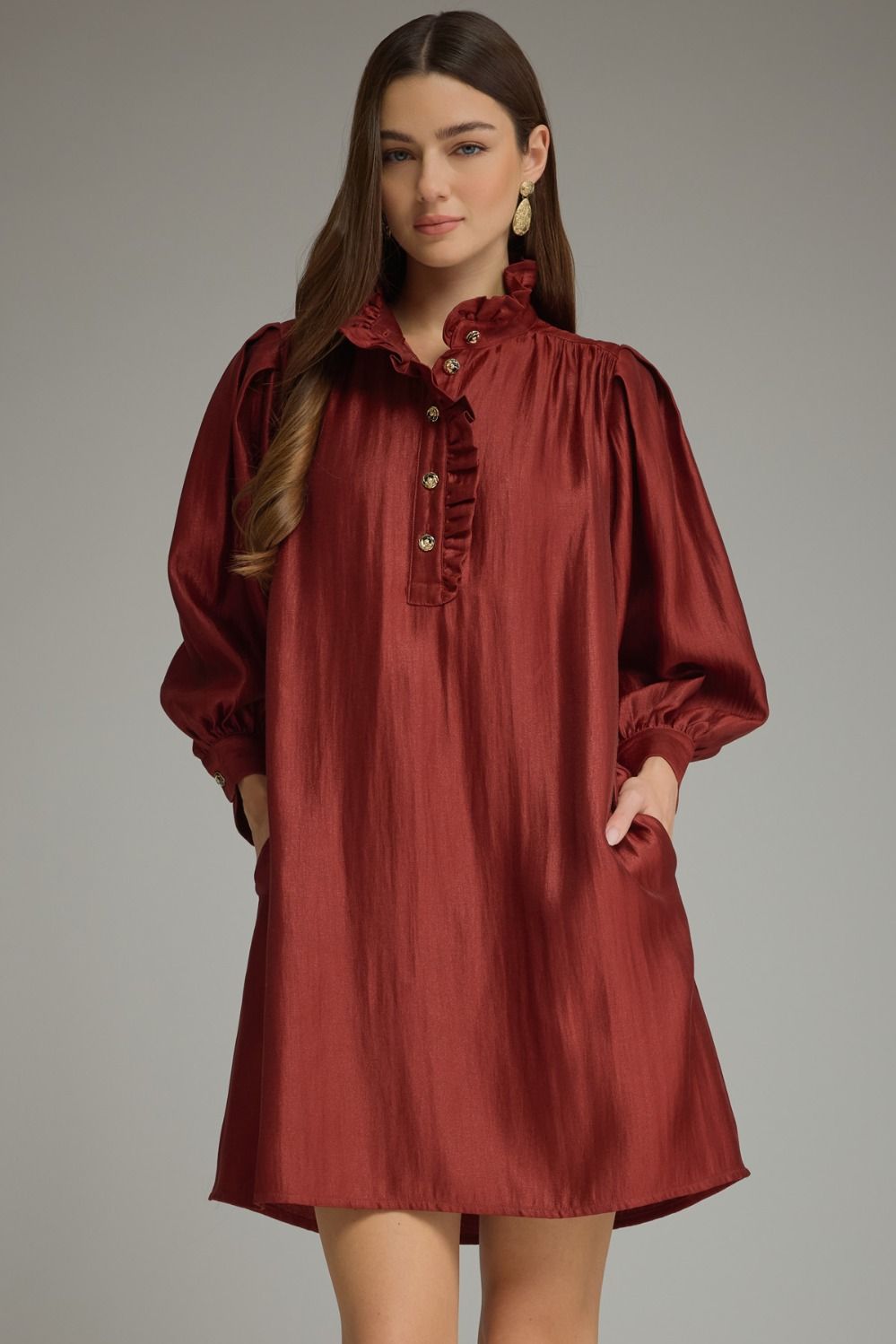 ENTRO Solid Long Sleeve Mini Dress In Burgundy *COMING SOON*