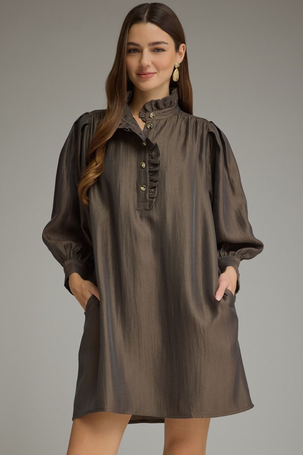ENTRO Solid Long Sleeve Mini Dress In Espresso *COMING SOON*