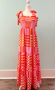 Barefoot Ladies Clothing #1164 Pink Boho Gingham Tied Straps Smocked Maxi Dress