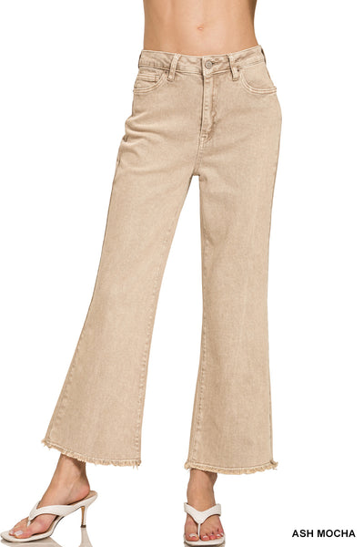 Zenana Acid Washed High Waist Frayed Hem Bootcut Pants - 27" Inseam