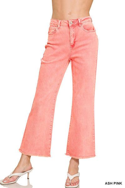 Zenana Acid Washed High Waist Frayed Hem Bootcut Pants - 27" Inseam