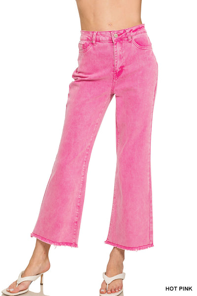 Zenana Acid Washed High Waist Frayed Hem Bootcut Pants - 27" Inseam