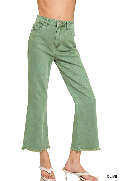 Zenana Acid Washed High Waist Frayed Hem Bootcut Pants - 27" Inseam