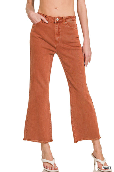 Zenana Acid Washed High Waist Frayed Hem Bootcut Pants - 27" Inseam