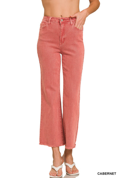 Zenana Acid Washed High Waist Frayed Hem Bootcut Pants - 27" Inseam