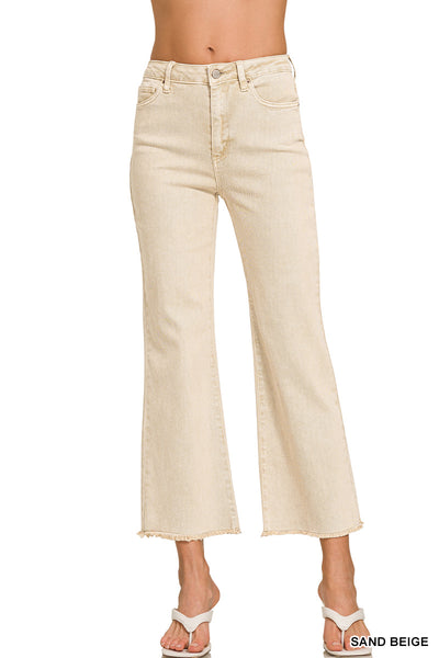 Zenana Acid Washed High Waist Frayed Hem Bootcut Pants - 27" Inseam