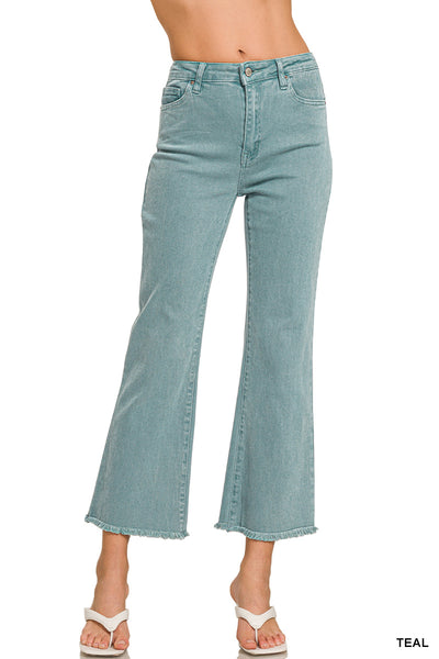 Zenana Acid Washed Frayed Cutoff Hem Straight Wide Pants - 31" Inseam