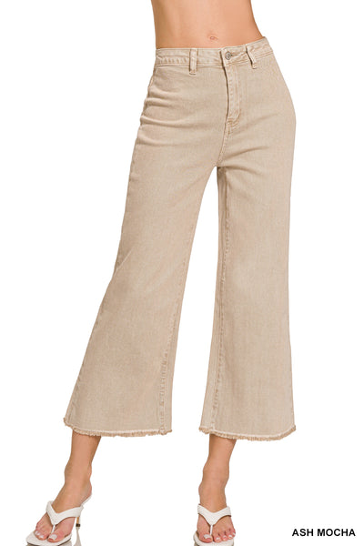 Zenana Acid Washed High Waist Frayed Hem Straight Leg Pants - 25" Inseam