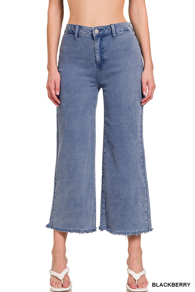 Zenana Acid Washed High Waist Frayed Hem Straight Leg Pants - 25" Inseam