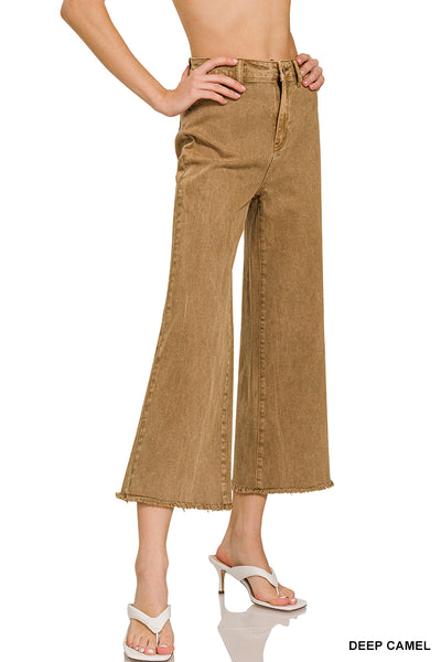 Zenana Acid Washed High Waist Frayed Hem Straight Leg Pants - 25" Inseam