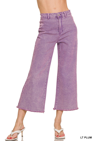 Zenana Acid Washed High Waist Frayed Hem Straight Leg Pants - 25" Inseam