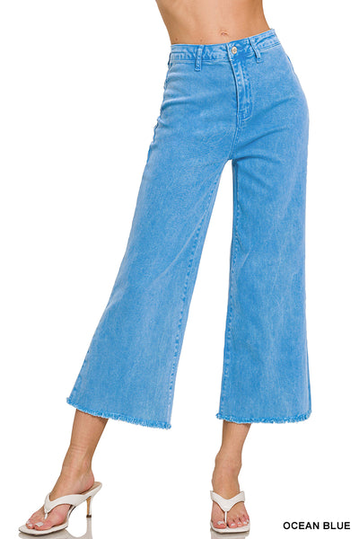 Zenana Acid Washed High Waist Frayed Hem Straight Leg Pants - 25" Inseam