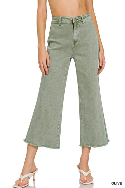 Zenana Acid Washed High Waist Frayed Hem Straight Leg Pants - 25" Inseam