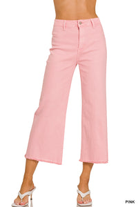 Zenana Acid Washed High Waist Frayed Hem Straight Leg Pants - 25" Inseam
