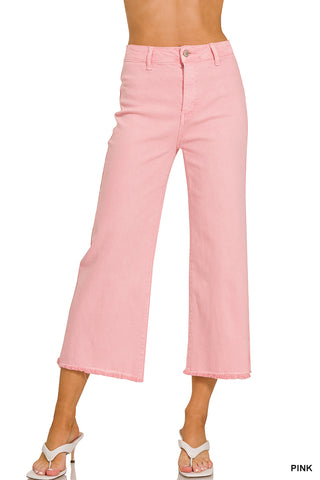 Zenana Acid Washed High Waist Frayed Hem Straight Leg Pants - 25" Inseam