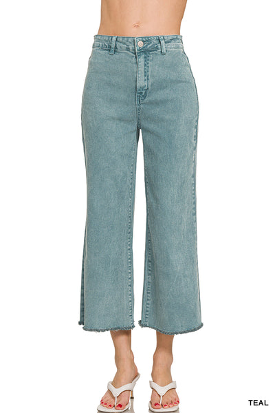 Zenana Acid Washed High Waist Frayed Hem Straight Leg Pants - 25" Inseam