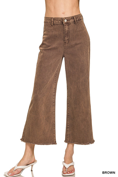 Zenana Acid Washed High Waist Frayed Hem Straight Leg Pants - 25" Inseam