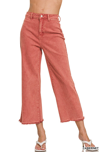 Zenana Acid Washed High Waist Frayed Hem Straight Leg Pants - 25" Inseam