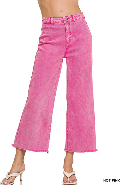 Zenana Acid Washed High Waist Frayed Hem Straight Leg Pants - 25" Inseam