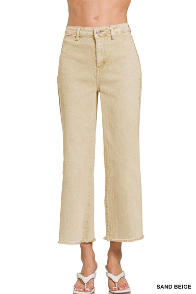 Zenana Acid Washed High Waist Frayed Hem Straight Leg Pants - 25" Inseam