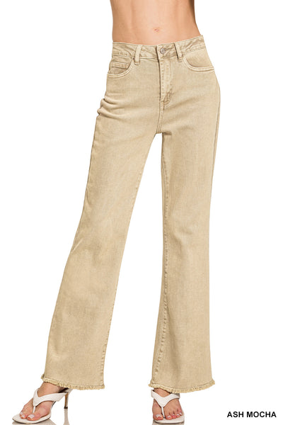 Zenana Acid Washed Frayed Cutoff Hem Straight Wide Pants - 31" Inseam