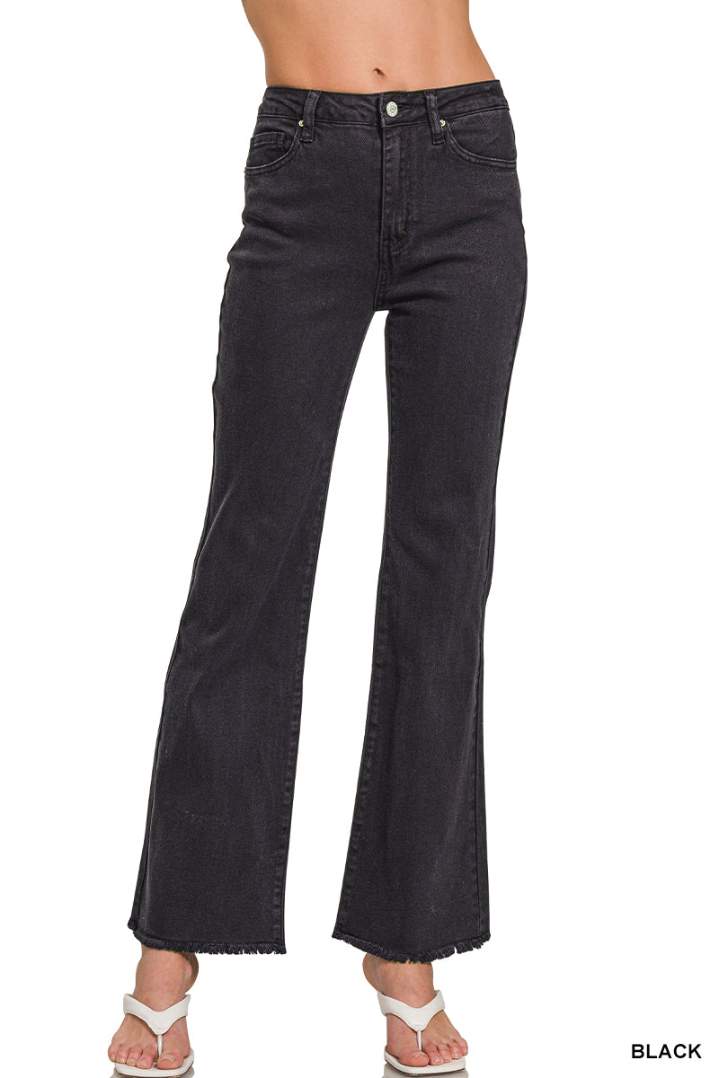 Zenana Acid Washed Frayed Cutoff Hem Straight Wide Pants - 31" Inseam