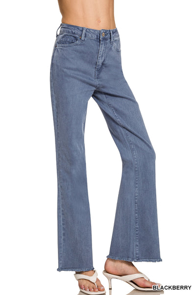 Zenana Acid Washed Frayed Cutoff Hem Straight Wide Pants - 31" Inseam