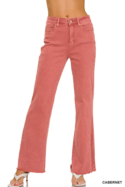 Zenana Acid Washed Frayed Cutoff Hem Straight Wide Pants - 31" Inseam