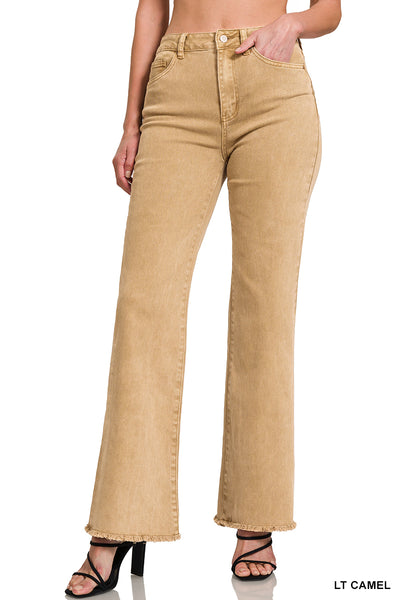 Zenana Acid Washed Frayed Cutoff Hem Straight Wide Pants - 31" Inseam
