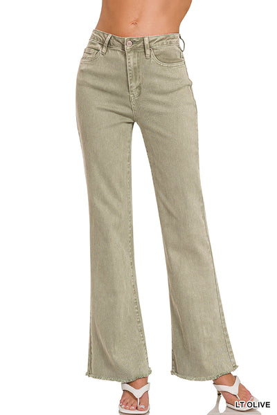 Zenana Acid Washed Frayed Cutoff Hem Straight Wide Pants - 31" Inseam