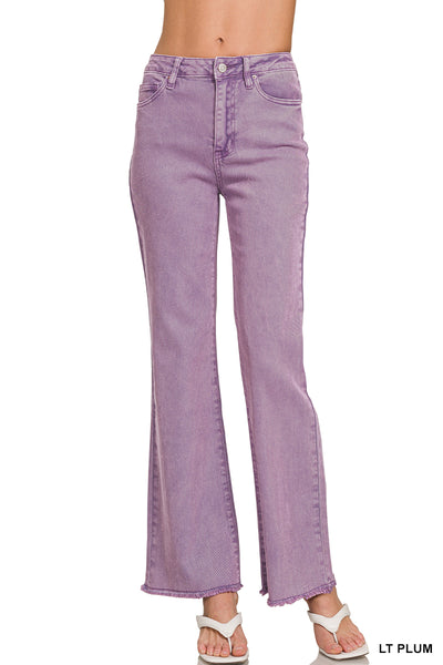 Zenana Acid Washed Frayed Cutoff Hem Straight Wide Pants - 31" Inseam